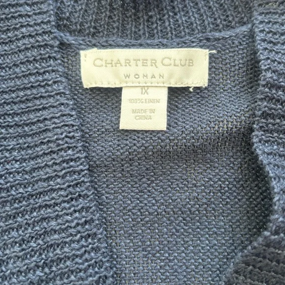NWT Charter Club Cardigan 1X-14-16W Blue Intrepid 100% Linen Longline Open Front - Picture 7 of 10